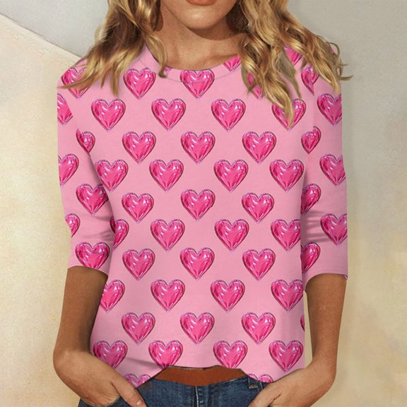 Women's Valentine's Day Print Fashion Casual 3/4 Sleeve Round Neck Top, Lightweight Comfortable Blouse for Spring and Summer Outfits,Red,2XL