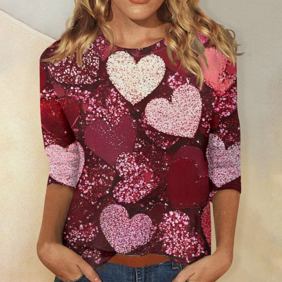 Women's Valentine's Day Print Fashion Casual 3/4 Sleeve Round Neck Top, Lightweight Comfortable Blouse for Spring and Summer Outfits,Red,XL