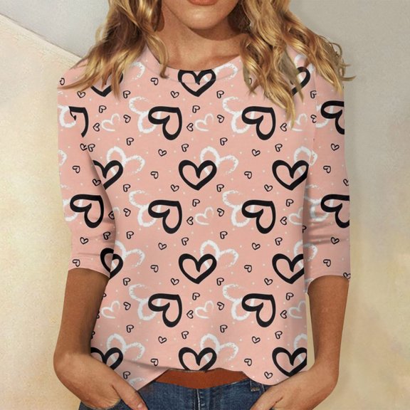 Women's Valentine's Day Print Fashion Casual 3/4 Sleeve Round Neck Top, Lightweight Comfortable Blouse for Spring and Summer Outfits,Vermilion,XL