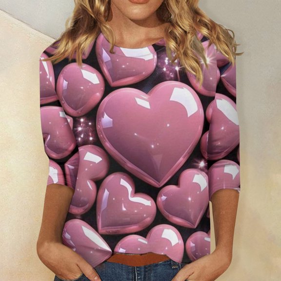 Women's Valentine's Day Print Fashion Casual 3/4 Sleeve Round Neck Top, Lightweight Comfortable Blouse for Spring and Summer Outfits,Vermilion,XL