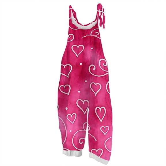 Women's Valentine's Day Print Suspender Jumpsuit - Casual Loose Retro Cotton Linen One-Piece, Pink Size S