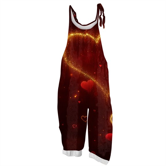 Women's Valentine's Day Print Suspender Jumpsuit - Casual Loose Retro Cotton Linen One-Piece, Wine Red Size M
