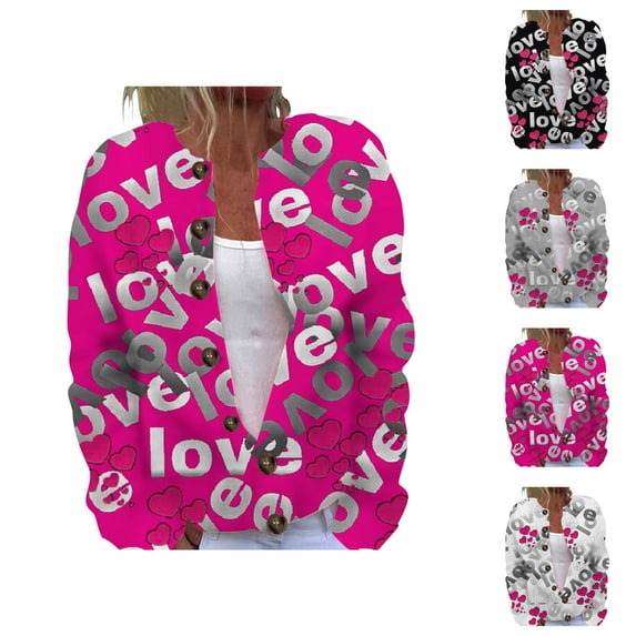 Chic Women's Cardigan Long Sleeve Business Casual Open Front Cardigans Women's Valentine's Day Printed Cardigan Jacket