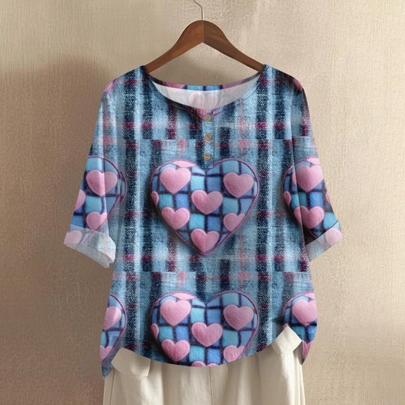 Women's Valentine's Day Printed Casual Mid Sleeve Round Neck Top, Cotton Linen Blend Comfortable Shirt for Spring and Summer Wear,Pink,S