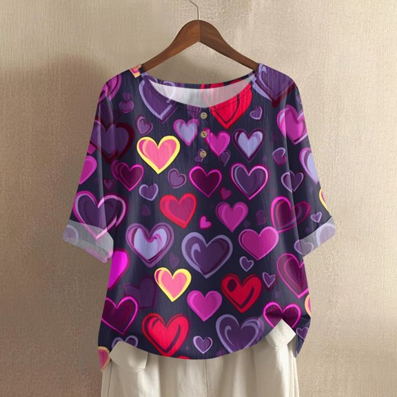 Women's Valentine's Day Printed Casual Mid Sleeve Round Neck Top, Cotton Linen Blend Comfortable Shirt for Spring and Summer Wear,Purple,S