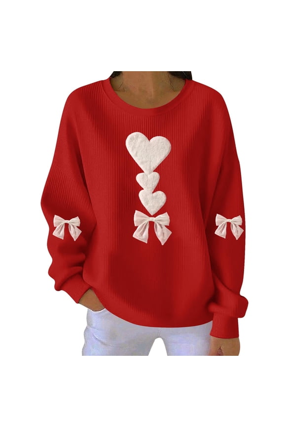 Women's Valentine's Day Ribbed Knit Pullover - Textured Heart Print Long Sleeve Crewneck Sweatshirt, Casual Grooved Thread Top, Romantic 2026 Cozy Loose Fit Gift Wear