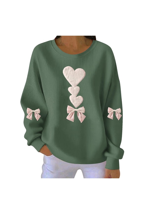 Women's Valentine's Day Ribbed Knit Pullover - Textured Heart Print Long Sleeve Crewneck Sweatshirt, Casual Grooved Thread Top, Romantic 2026 Cozy Loose Fit Gift Wear