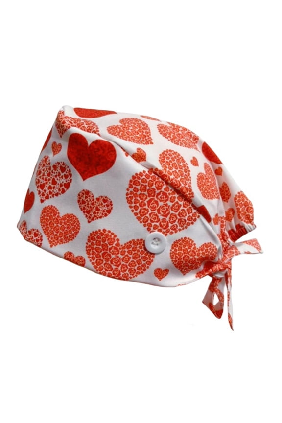 Women's Valentine's Day Scrub Cap with Heart Print Adjustable Nurse Hat with Button Closure for Medical, Role Play, and Daily Wear,Red