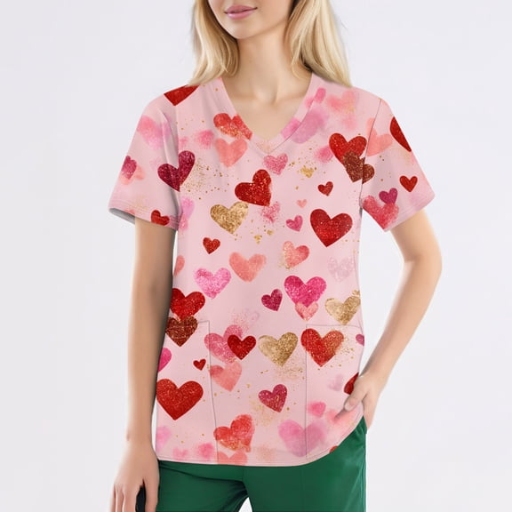 Women's Valentine's Day Scrub Top Cute Love Heart Printed V-Neck Short Sleeve Scrub Top 2026 Valentine's Day Split Hem Medical Plus Size Scrub T Shirts