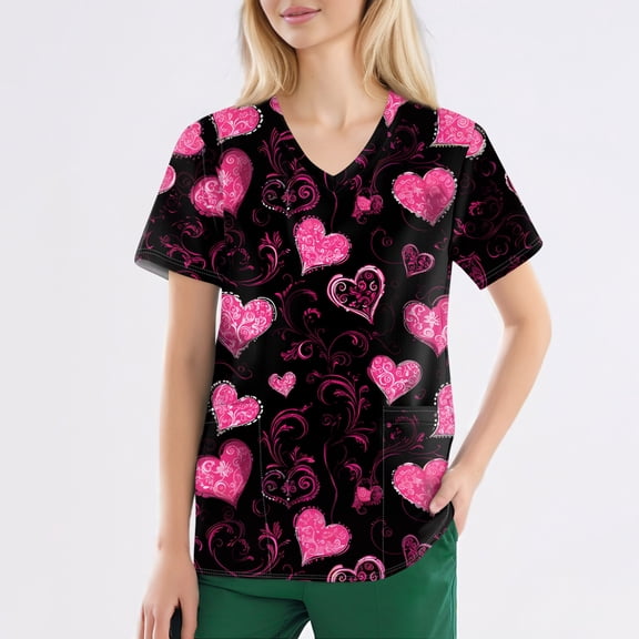 Women's Valentine's Day Scrub Top Cute Love Heart Printed V-Neck Short Sleeve Scrub Top 2026 Valentine's Day Split Hem Medical Plus Size Scrub T Shirts