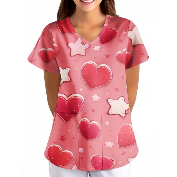 Women's Valentine's Day Scrub Top Funny Love Heart Printed V-Neck Medical Shirt Tops Valentine's Day Scrubs Tops Working Nurse Uniforms with Pockets