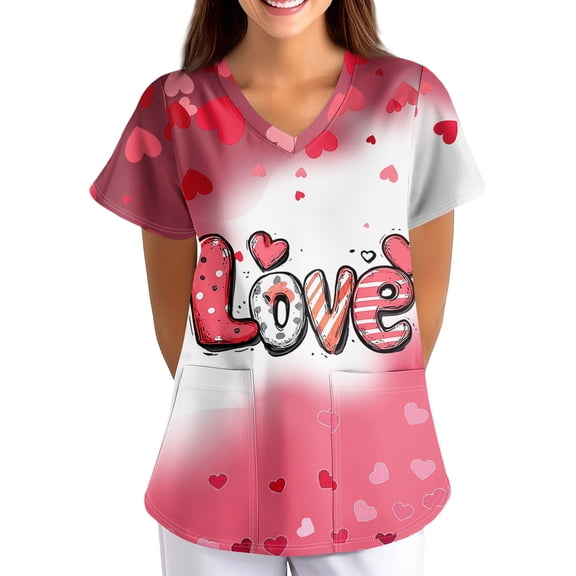 Women's Valentine's Day Scrubs Top Cute Heart Print Short Sleeve Nurse Working Uniforms Valentine's Day Cartoon Pattern Scrub Tops with Pockets