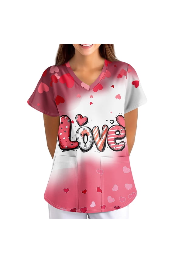 Women's Valentine's Day Scrubs Top Cute Heart Print Short Sleeve Nurse Working Uniforms Valentine's Day Cartoon Pattern Scrub Tops with Pockets