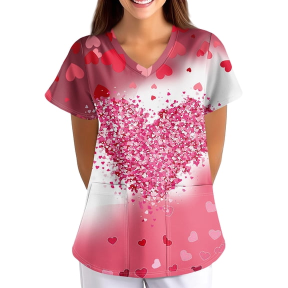 Women's Valentine's Day Scrubs Top Cute Heart Print Short Sleeve Nurse Working Uniforms Valentine's Day Cartoon Pattern Scrub Tops with Pockets