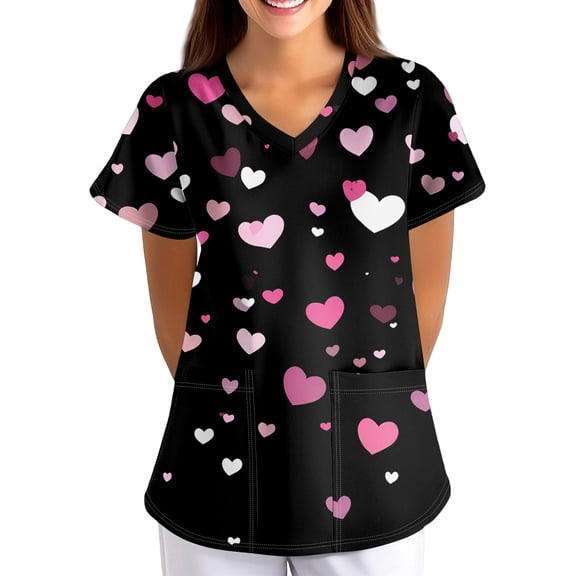 Women's Valentine's Day Scrubs Top Cute Heart Print Short Sleeve Vneck Stretch Holiday Scrub Shirt Valentine's Day Cartoon Pattern Scrub Tops with Pockets
