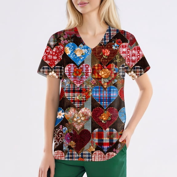 Women's Valentine's Day Scrubs Top Stretchy Vneck Short Sleeve Cute Heart Printed Shirts Valentine's Day Split Hem Caregiver T Shirts