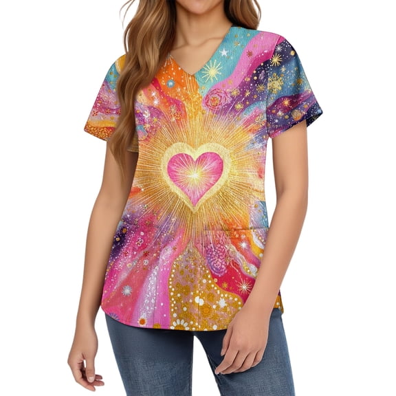 Women's Valentine's Day Scrubs Top V Neck Short Sleeve Tops Cute Heart Printed Plus Size Nursing Uniforms Valentine Cartoon Pattern Scrub Tops with Pockets