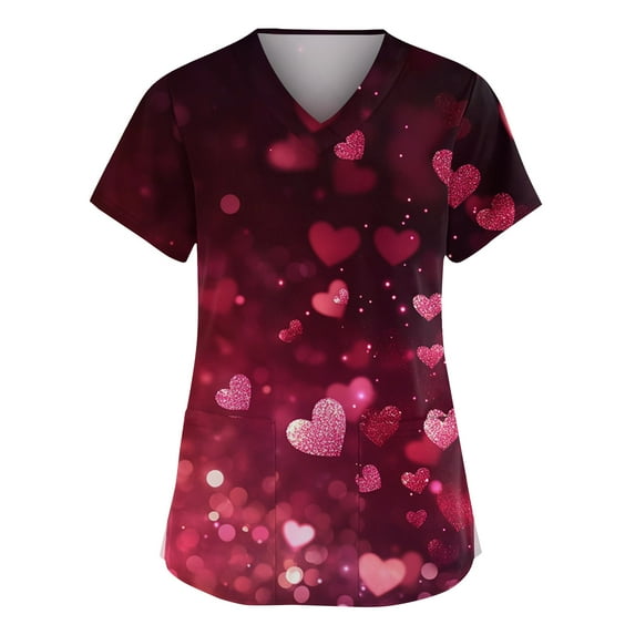 Women's Valentine's Day Scrubs Top V Neck Short Sleeve Tops Cute Heart Printed Plus Size Nursing Uniforms Valentine's Day Soft Stretchy Holiday Scrub T Shirts