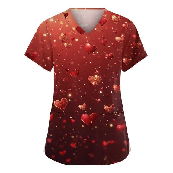 Women's Valentine's Day Scrubs Top V Neck Short Sleeve Tops Cute Heart Printed Plus Size Nursing Uniforms Valentine's Day Soft Stretchy Holiday Scrub T Shirts
