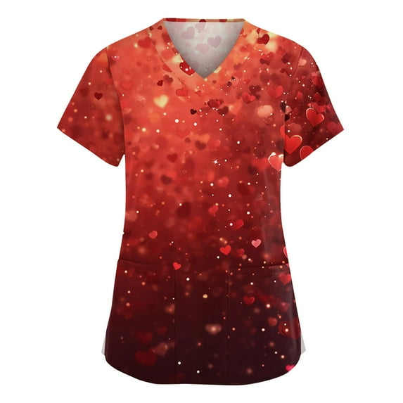 Women's Valentine's Day Scrubs Top V Neck Short Sleeve Tops Cute Heart Printed Plus Size Nursing Uniforms Valentine's Day Soft Stretchy Holiday Scrub T Shirts