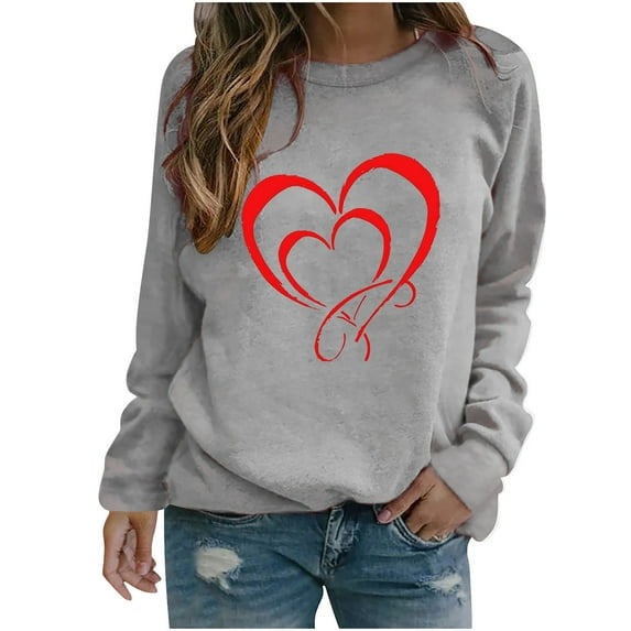 Women's Valentine's Day Shirts Long Sleeve Shirts for Women Fashion Valentine's Day Printed Blouses Casual Crew Neck Pullover Tops