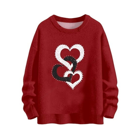 Women's Valentine's Day Sweater Crewneck Heart Print Long Sleeve Pullover for Romantic Dates Red-3 2XL