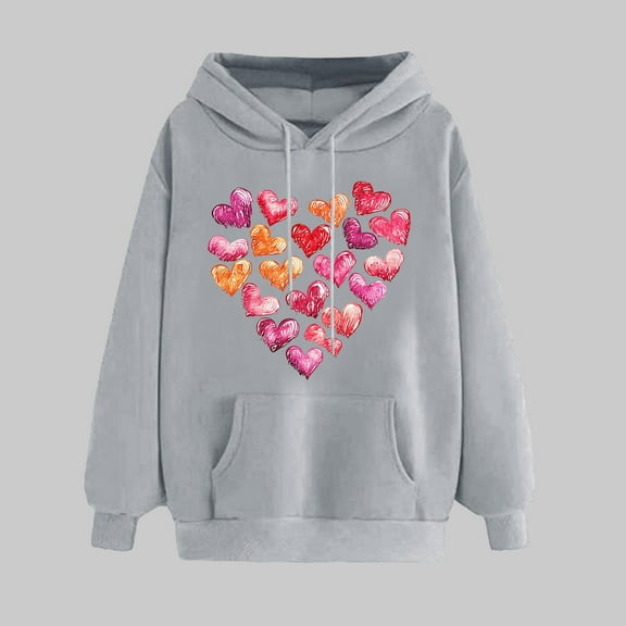 Women's Valentine's Day Sweatshirt Funny Love Heart Print Hoodie Long Sleeved Loose Comfortable Pullover Sweatshirt Tops Gray L