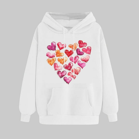 Women's Valentine's Day Sweatshirt Funny Love Heart Print Hoodie Long Sleeved Loose Comfortable Pullover Sweatshirt Tops White L