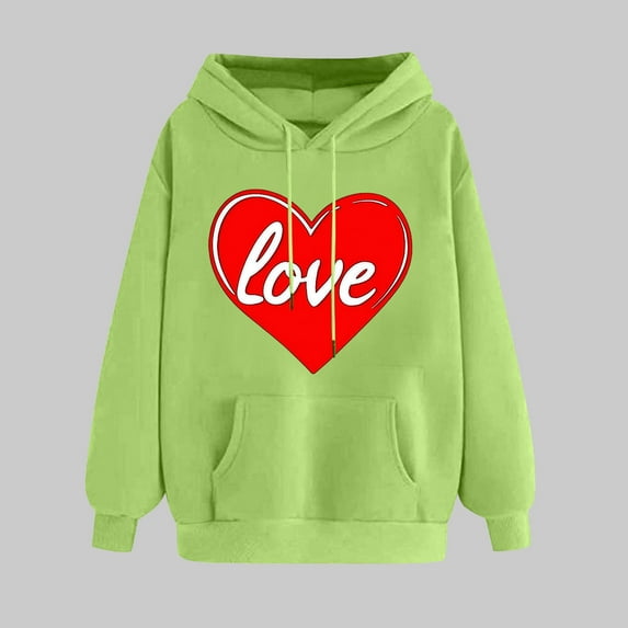 Women's Valentine's Day Sweatshirt Trendy Long Sleeves Heart Print Shirt Comfy Versatile Tops With Pocket Green M
