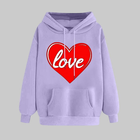 Women's Valentine's Day Sweatshirt Trendy Long Sleeves Heart Print Shirt Comfy Versatile Tops With Pocket Purple L
