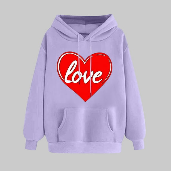 Women's Valentine's Day Sweatshirt Trendy Long Sleeves Heart Print Shirt Comfy Versatile Tops With Pocket Purple XL