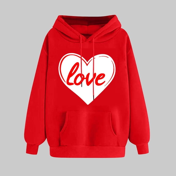 Women's Valentine's Day Sweatshirt Trendy Long Sleeves Heart Print Shirt Comfy Versatile Tops With Pocket Red L