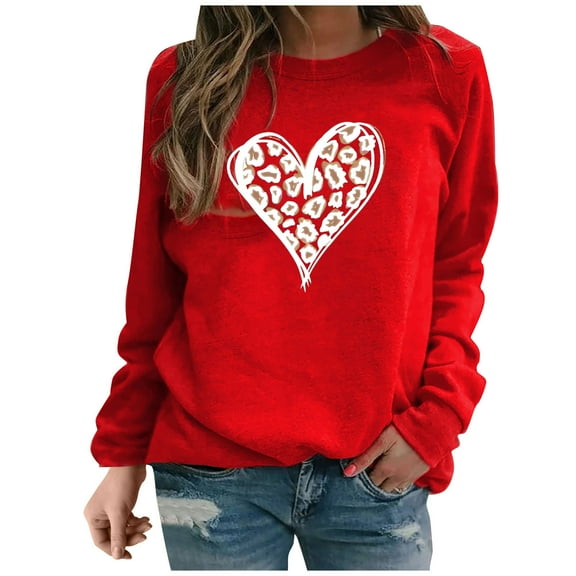 Women's Valentine's Day Sweatshirts Fashion Print Shirt Round Neck Long Sleeve Blouses Pullover Casual Sweat Shirts Top