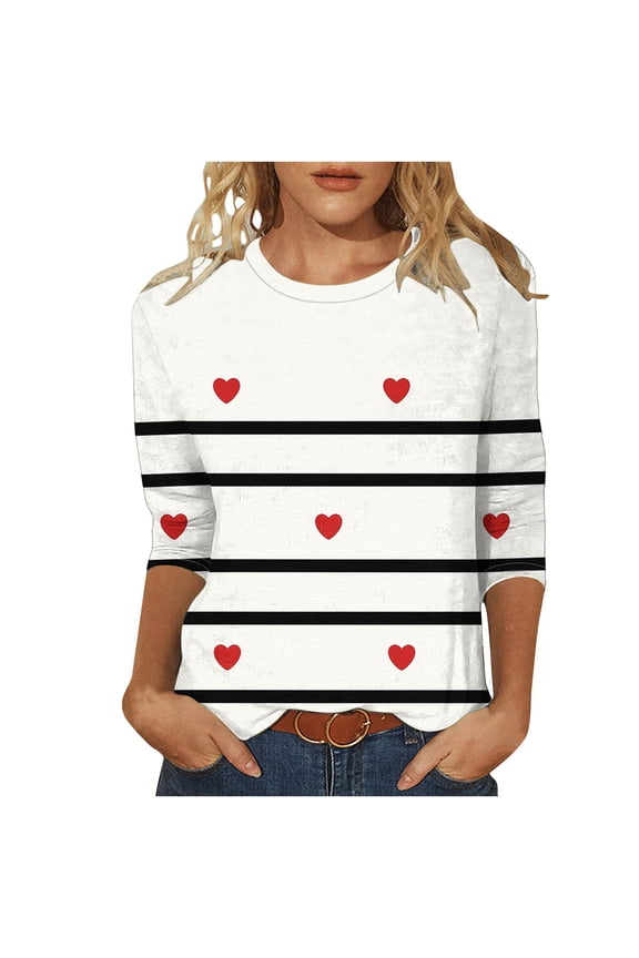Women's Valentine's Day Tie-Dye Heart Graphic Tee - 3/4 Sleeve Loose Crewneck Casual Top, Gradient Love-Themed Blouse for Holiday Gifting & Daily Wear