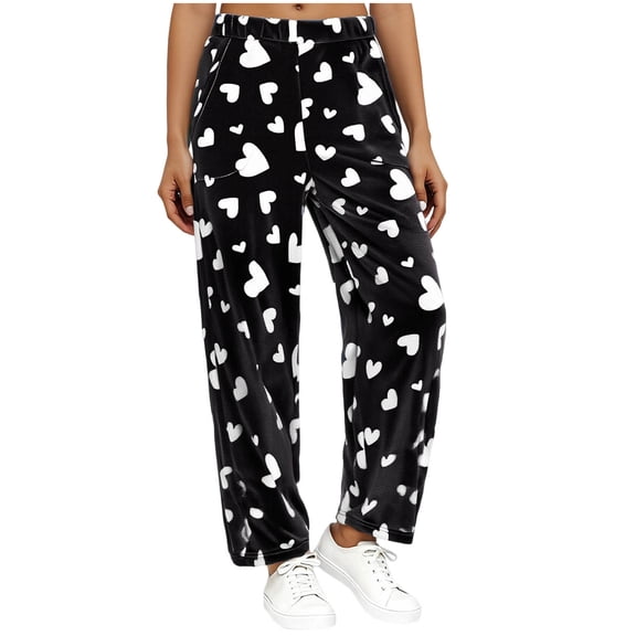 Women's Valentine's Flannel Pajamas Pants Fleece Lined Print Elastic Waist Sleepwear with Pockets Black-1 M
