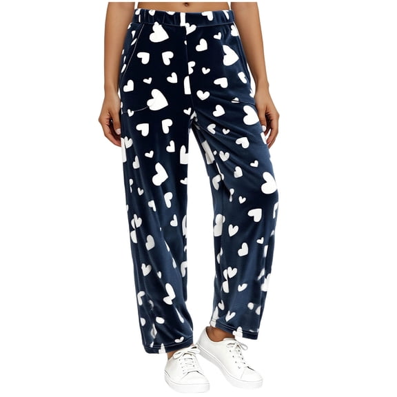 Women's Valentine's Flannel Pajamas Pants Fleece Lined Print Elastic Waist Sleepwear with Pockets Navy-2 L
