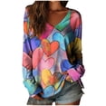 thumbnail image 1 of Women's Valentine's Long Sleeve Blouses V Neck Love Heart Printed Tops Lover Couple Shirts Lightweight Slim-Fit Tees Watercolor Graphic Outfits Holiday Vocation Clothes Multicolor XL, 1 of 3