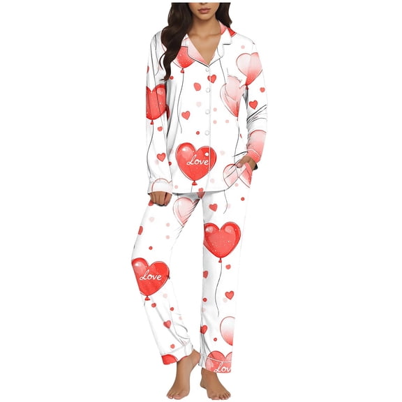 Women's Valentine's Pajamas Heart Printed Long Sleeved Lapel Button Pocket Elastic Waist Pants Pajama Sets,Valentine's Day Gift for Her