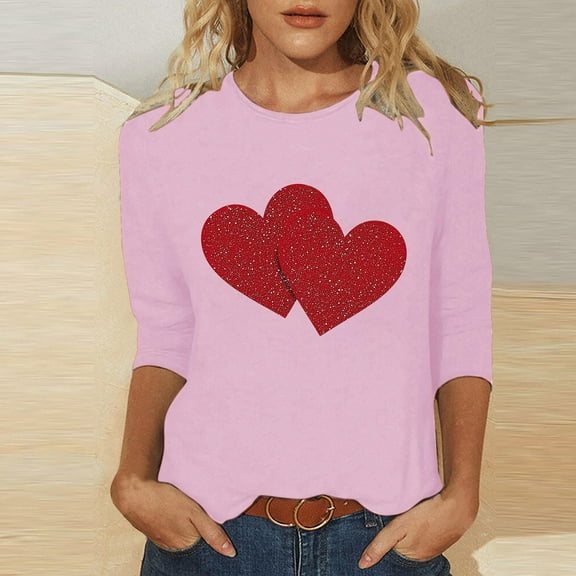 Women's Valentine's Printed Crew Neck 3/4 Sleeve T-shirt Loose Tops