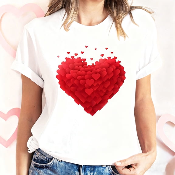 Women's Valentine's Short Sleeve T-Shirt Happy Day Heart Print Crewneck Top for Romantic Gatherings White L