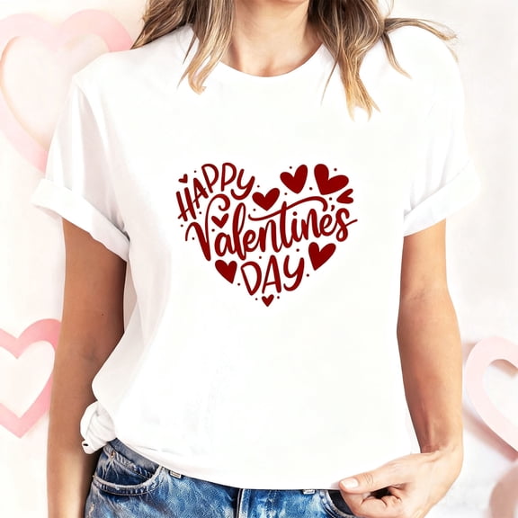 Women's Valentine's Short Sleeve T-Shirt Happy Day Heart Print Crewneck Top for Romantic Gatherings White M