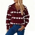 thumbnail image 1 of Women's Valentine's Sweater Knitting V Neck Heart Print Striped Pullover Top Wine L, 1 of 5
