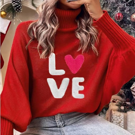 Women's Valentine's Sweater Turtleneck Long Sleeve Letter Print Loose Knit Pullover