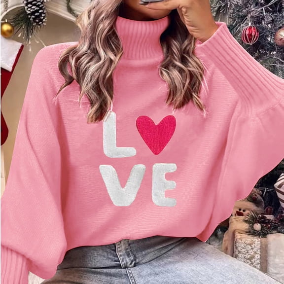 Women's Valentine's Sweater Turtleneck Long Sleeve Letter Print Loose Knit Pullover