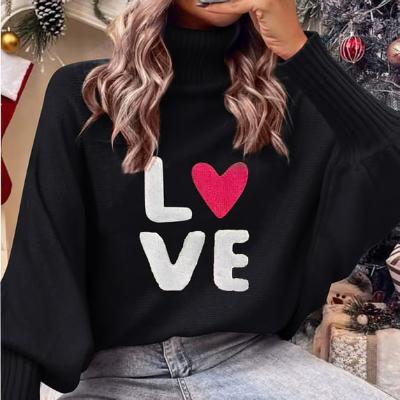 Women's Valentine's Sweater Turtleneck Long Sleeve Letter Print Loose Knit Pullover