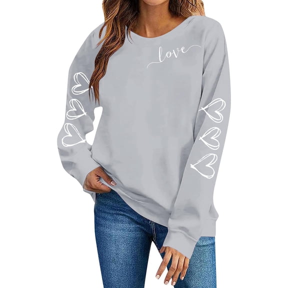 Women's Valentine's Sweatshirt Long Sleeve Bow Print Crewneck Pullover Top for Romantic Gray L