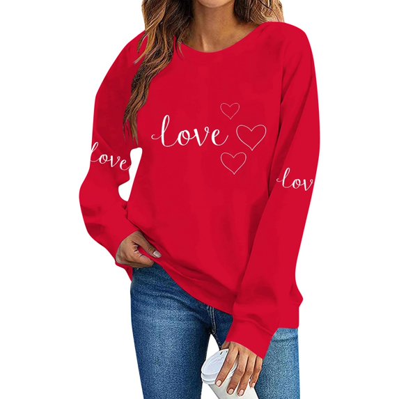 Women's Valentine's Sweatshirt Long Sleeve Bow Print Crewneck Pullover Top for Romantic Red-2 XS