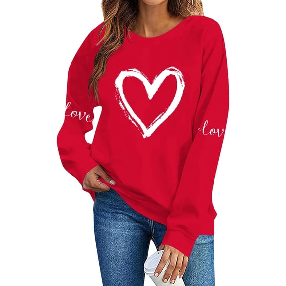 Women's Valentine's Sweatshirt Long Sleeve Bow Print Crewneck Pullover Top for Romantic Red-4 XS