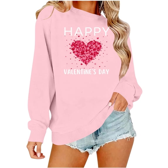 Women's Valentine's Sweatshirt Long Sleeve Cute Print Crewneck Pullover Loose Tunic Top Pink-1 XL
