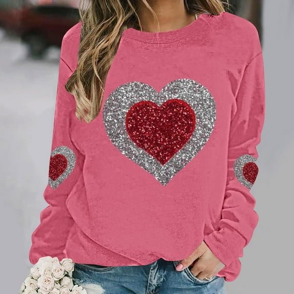 Women's Valentine's Sweatshirts Plus Size Cute Love Heart Graphic Blouses Long Sleeve Round Neck Shirts Valentine's Day Printed Sweater Pullover Tops